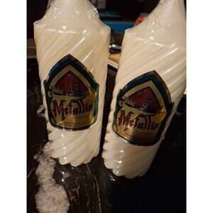 2 Vintage Metallic Pearl White Spiral Candles 7"